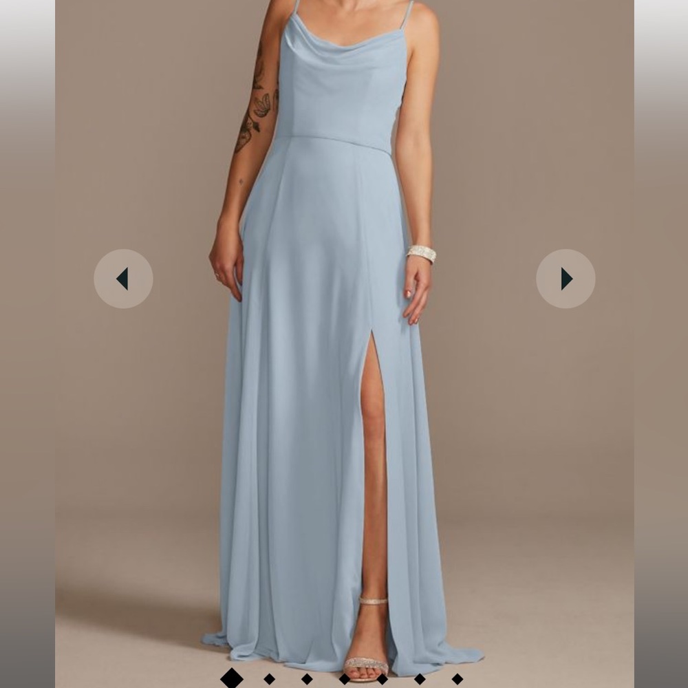 Never worn, never altered David’s bridal dress in dusty blue
